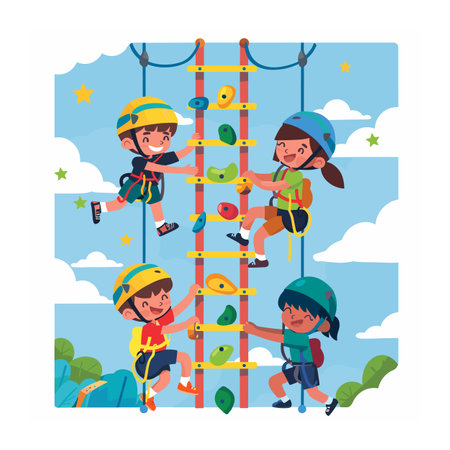 Children climb rope ladder adventure park, wearing safety helmets harnesses. Boys girls enjoy outdoor climbing activity, cartoon style challenge. Young climbers navigate through climbing course highのイラスト素材