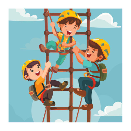 Three children cartoon characters climbing jungle gym, smiling, wearing safety helmets harnesses. Kids enjoying outdoor playground, blue sky, clouds background, adventure theme. Animated youngのイラスト素材
