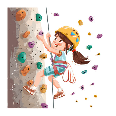 Young girl climbing wall, enthusiastic expression, wearing helmet harness, indoor activity, cartoon style. Child climber reaches handhold, climbing gear visible, representing adventure sportsのイラスト素材