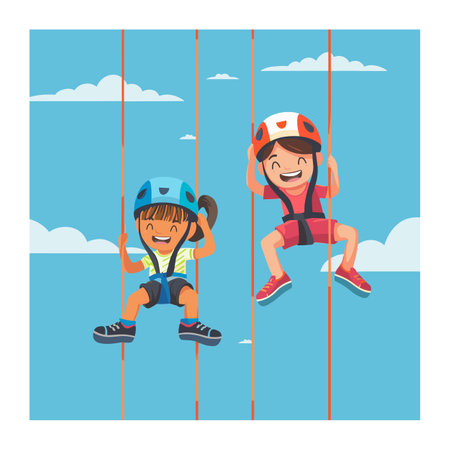 Two children climb ropes course, happy kids, adventure park. Young climbers enjoying outdoor activity, sporty cartoon characters. Youthful joy playful climbing experience, blue sky backgroundのイラスト素材
