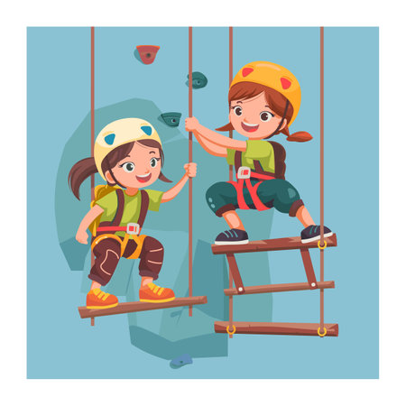Two young girls enjoying indoor rock climbing adventure, secured safety harness, helmets, climbing artificial wall. Smiling female children gear participating sport activity, teamwork leisureのイラスト素材