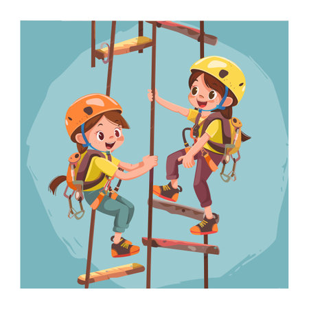 Two animated children climb rope ladder, adventure park, climbing gear. Smiling kids enjoy outdoor activity, safety harnesses, helmets, casual attire. Young climbers engaging fun sport, teamworkのイラスト素材