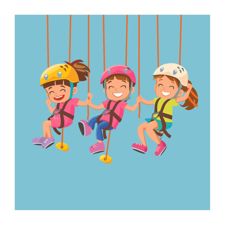 Three children enjoy swinging playground, wearing helmets harnesses, feeling joyful playful. Animated kids laughing holding hands midswing, showcasing friendship fun outdoor activity. Cartoonstyleのイラスト素材