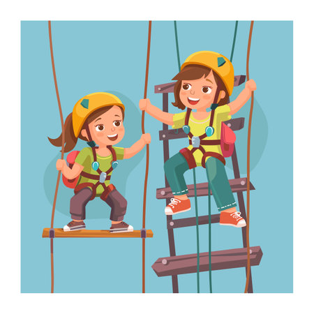 Two children climbing rope ladder wearing safety helmets harnesses. Young climbers enjoying adventure park activity smiling. Cartoon illustration kids outdoor play equipment, climbing gearのイラスト素材