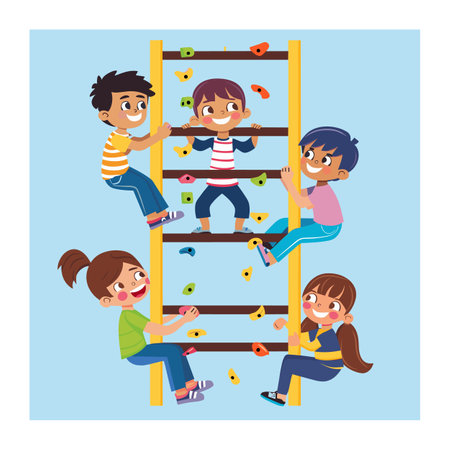 Four children happily climbing colorful playground climbing wall. Boys girls engaging playful activity outdoors, demonstrating coordination strength. Animated kids casual attire having fun sunny dayのイラスト素材