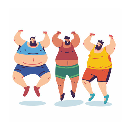 Three overweight men celebrating joyfully, jumping hands raised. Cartoon male characters expressing happiness, vibrant colors, casual attire. Cheerful, plussized people dancing, having fun togetherのイラスト素材