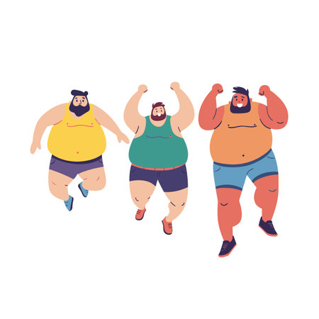 Three men running, diverse body types, celebrating body positivity, motivation, diverse male characters jogging, active lifestyle, plus size men exercising. Cartoon running, healthのイラスト素材