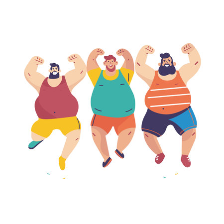 Three happy, diverse men celebrate, dancing cheerfully, showing positivity joy. Plus size male characters exhibit confidence happiness colorful attire. Cartoon style depiction male bondingのイラスト素材