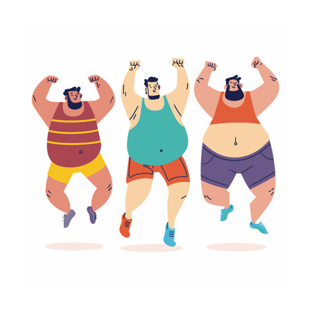 Three happy plussize men celebrate fitness success, dancing joyfully. Diversity body positivity, colorful sportswear, cheerful mood depicted. Curvy male characters enjoy workout victory, exudingのイラスト素材