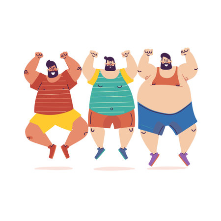 Three cartoon men cheerfully jump, their fists raised joy victory. All three beards, wear colorful shorts, sport different hairstyles, radiating positivity excitement, celebrate, sports winのイラスト素材