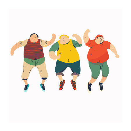 Three joyful cartoon characters jumping, celebratory mood, feeling happiness freedom. Diverse body shapes, cheerful facial expressions, colorful clothing, dynamic poses, happiness conceptのイラスト素材