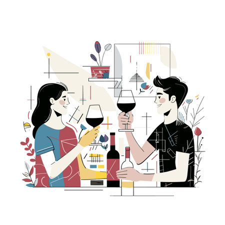 Man woman toasting wine glasses, cheerful celebration. Couple enjoys red wine, modern stylish illustration, abstract background. Friends sharing moment, indoor setting, wine bottle tableのイラスト素材