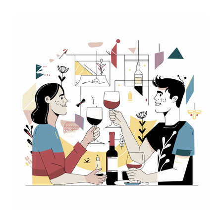 Man woman toasting wine table, enjoying conversation, casual dining experience. Diverse art, wine bottle, glasses, cheerful mood, modern abstract background. Stylish couple celebrates, geometricのイラスト素材