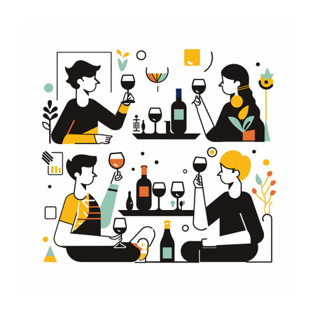 Four people tasting wine, toasting glasses, casual wine party. Group enjoys different types wine, bottles, glasses table. Stylish flat design, wine enthusiasts, social gatheringのイラスト素材