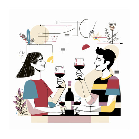 Man woman enjoying wine glasses, sitting across table, cheerful faces, modern style colorful vector illustration. Couple toasting red wine, date night, minimalist artistic elements, abstractのイラスト素材