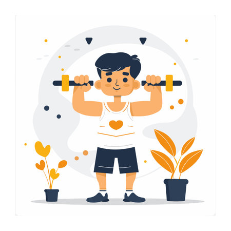 Young male character exercising dumbbells, fitness workout. Cartoon man sportswear lifting weights, indoor plant, healthy lifestyle theme. Cheerful fitness enthusiast training, strength routineのイラスト素材