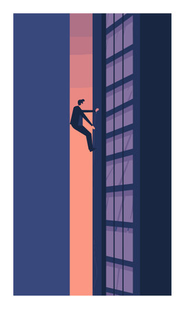 Man climbing outside skyscraper during dusk, urban explorer scaling building, extreme athlete practicing parkour high rise. Silhouetted male figure engaging risky outdoor climbing activity, cityのイラスト素材