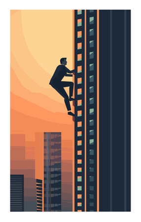 Silhouetted person climbing ladder between skyscrapers sunset. Urban environment sky colors change yellow orange. Success ambition concept businessman ascending corporate ladderのイラスト素材