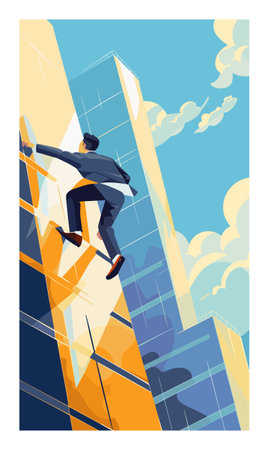 Businessman climbing abstract geometric shapes representing growth success. Male entrepreneur overcoming challenges advancing career. Dynamic pose against backdrop skyscrapers sky signifiesのイラスト素材