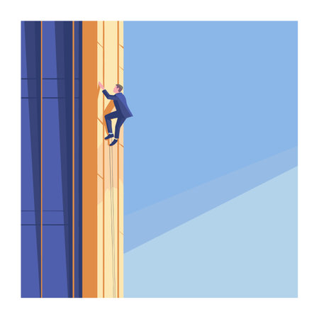 Man climbing skyscraper, professional climber ascending tall building, daring urban adventure. Businessman scaling corporate ladder, metaphor career growth, achievement goals. Blue suit, fearlessのイラスト素材
