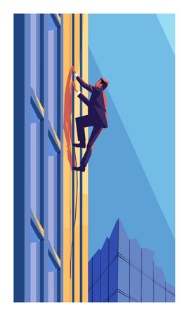 Businessman climbing corporate ladder illustration. Man suit scaling office building exterior, career advancement metaphor. Professional ascension, ambition, success concept urban skylineのイラスト素材