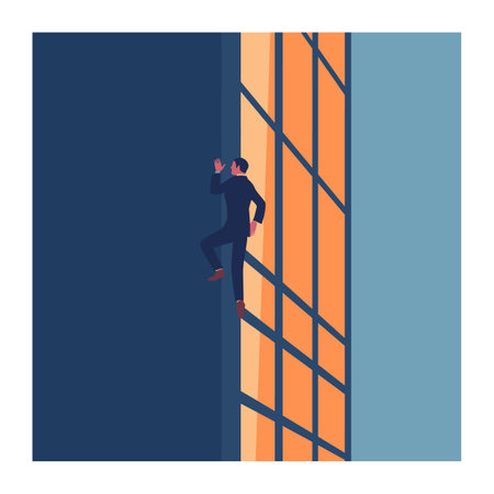 Man scaling side building, urban climber, daring ascent, skyscraper, suspenseful escape. Secret agent climbing office tower, stealth mission, night espionage activity, dark attire. Corporate spyのイラスト素材