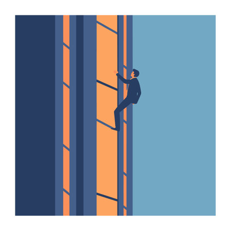 Man climbing corporate ladder metaphor management success career. Ambitious professional male ascending office hierarchy. Determined businessperson striving upwards workplace ambitionのイラスト素材