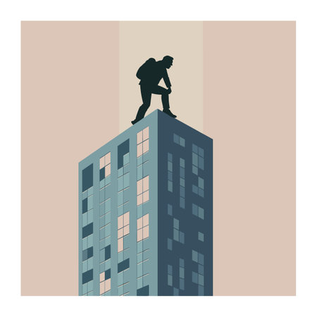 Silhouetted man stands atop skyscraper looking down, urban exploration risky adventure. Climber peaks summit against cityscape, achieving goal, success metaphor. Office building, man edge, courageのイラスト素材