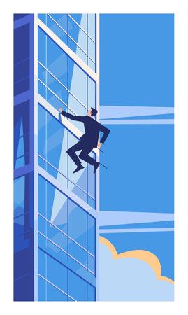 Businessman scaling glass building, urban climber suit, career advancement concept. Modern office background, daring corporate challenge, metaphor climbing corporate ladder. Cartoon styleのイラスト素材