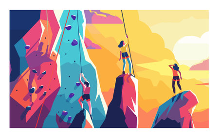 Three people climbing colorful artificial rock walls, suspended ropes, set against vibrant sunset backdrop. Climbers engaged indoor sports climbing activity, showcasing agility, strength modern gymのイラスト素材