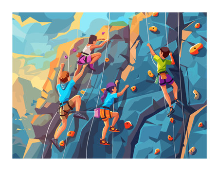 Four climbers scaling indoor rock wall, engaging climbing sport activity. Diverse group, sportswear, harnesses, ropes, determination. Colorful illustration, climbing gym, teamwork adventureのイラスト素材