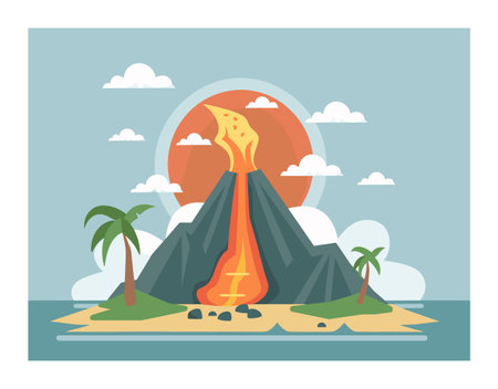 Tropical volcano eruption, lava flowing down towards beach, palm trees. Sunset behind active volcano island, ocean view, tranquil sky. Volcanic activity natural disaster illustration, sereneのイラスト素材