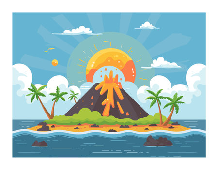 Volcano eruption tropical island, ocean, palm trees, sunset. Erupting volcano lava, sun setting behind clouds, tranquil sea. Cartoon scenery volcanic activity, beach, paradise, nature disasterのイラスト素材