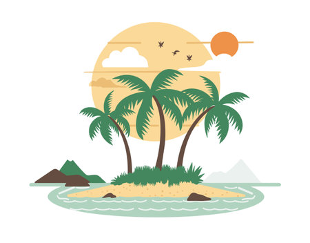 Tropical island illustration featuring palm trees, sunset, birds flying. Serene beach scene ocean, sand, mountains backdrop. Flat graphic design peaceful vacation destinationのイラスト素材
