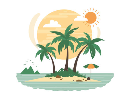 Tropical island illustration featuring palm trees, sun, beach umbrella, sea. Flat graphic style depicts serene holiday destination. Perfect artwork vacationthemed designのイラスト素材