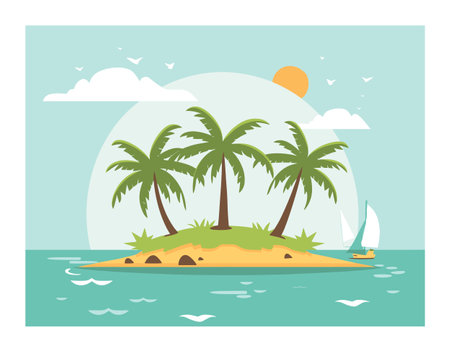 Tropical island palm trees serene ocean sailboat sunny day vacation concept. Peaceful island oasis sailing adventure travel relaxation exotic destination. Cartoon style tropical beach sail oceanのイラスト素材