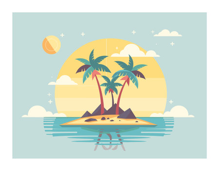 Tropical island graphic palm trees, setting sun background, serene ocean landscape. Flat design vector illustration beach scene, yellow sun, blue sky, calm water. Pastel colors, travel themeのイラスト素材