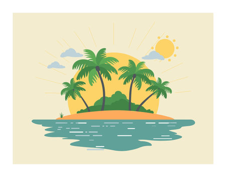 Tropical island illustration sunset palm trees bright sun calm sea. Vacation destination concept travel poster wallpaper graphic. Flat design style island oasis serene nature scene tropicalのイラスト素材