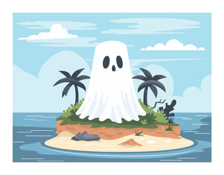 White sheet ghost cartoon tropical island surrounded ocean, blue sky, clouds, palm trees. Cartoon ghost illustration tropical beach scene, ghostly figure spooky vacation island. Cute character humorのイラスト素材