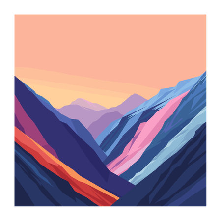 Colorful mountain landscape digital art, sunset hues over layered peaks, vibrant nature scene illustration. Abstract geometric shapes forming mountains, serene twilight sky gradient, modern artworkのイラスト素材