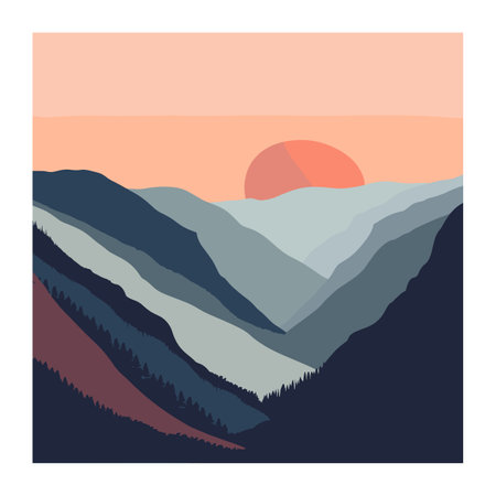 Mountain landscape during sunrise, colorful sky, layered hills, serene nature scene. Abstract geometric shapes form tranquil mountains, orange sun horizon. Artistic depiction peaceful sunset natureのイラスト素材
