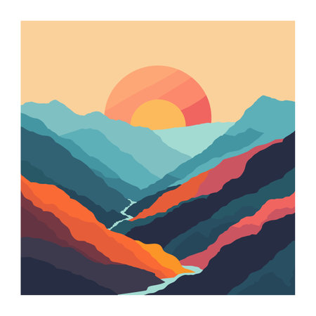 Stylized sunset over layered mountain range, calming serene nature landscape, orange blue hues dominate scenic view. Abstract geometric shapes form mountains, river flows through valleys, pastelのイラスト素材