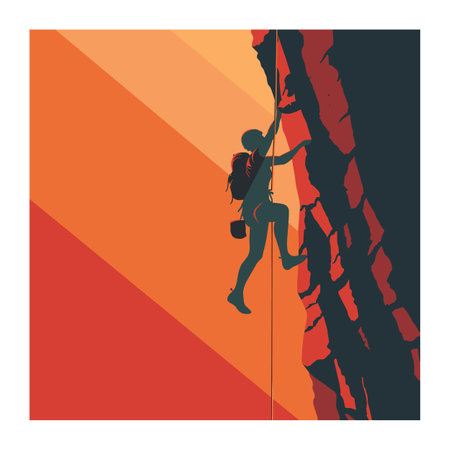 Female climber ascending steep rock face, dramatic sunlight gradient background. Adventurous woman rock climbing harness rope, silhouette style, vector illustration. Athletic climber challengingのイラスト素材