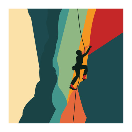 Silhouetted rock climber scaling vertical cliff. Brightly colored geometric shapes form background. Adventure, challenge, climbing, athleticism highlighted designのイラスト素材