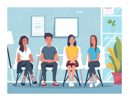 Four young adults sitting modern office lobby, casual clothing, smiling, friendly atmosphere, teamwork meeting, startup culture. Two women two men relaxed posture, office wall decor, indoor plantのイラスト素材