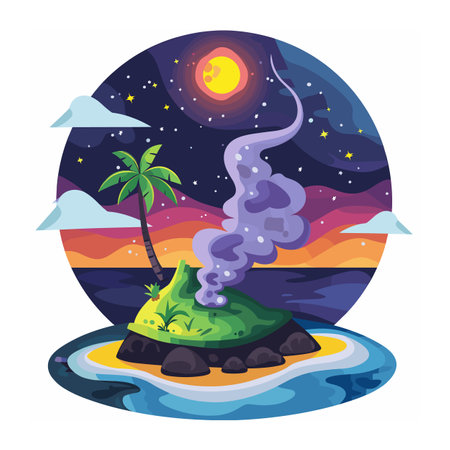Volcanic island eruption night, vivid colors sky, moon, stars. Tropical volcano landscape, smoke plume, palm tree, ocean waves. Isolated white background picturesque nature scene, round formatのイラスト素材