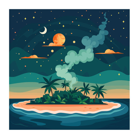 Tropical island night time, palm trees, ocean. Starry sky moon crescent, peaceful nature scene. Volcano eruption smoke, environmental concept artworkのイラスト素材