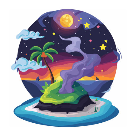 Colorful tropical island volcano eruption night scene under moon stars. Palm tree silhouette sailboat vibrant sunset ocean waves smoke plumes. Exotic landscape fantasy nature art round frameのイラスト素材
