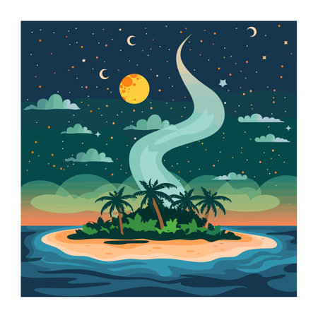 Tropical island night starry sky, palm trees surrounded ocean waves, full moon stars above serene landscape. Cartoon style artwork mysterious deserted island, nocturnal serene nature scene underのイラスト素材