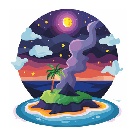 Tropical island volcanic eruption night time, vibrant colors depict lava flowing palm tree silhouette against starry sky. Vivid cartoonstyle illustration erupting volcano, smoke plumes risingのイラスト素材